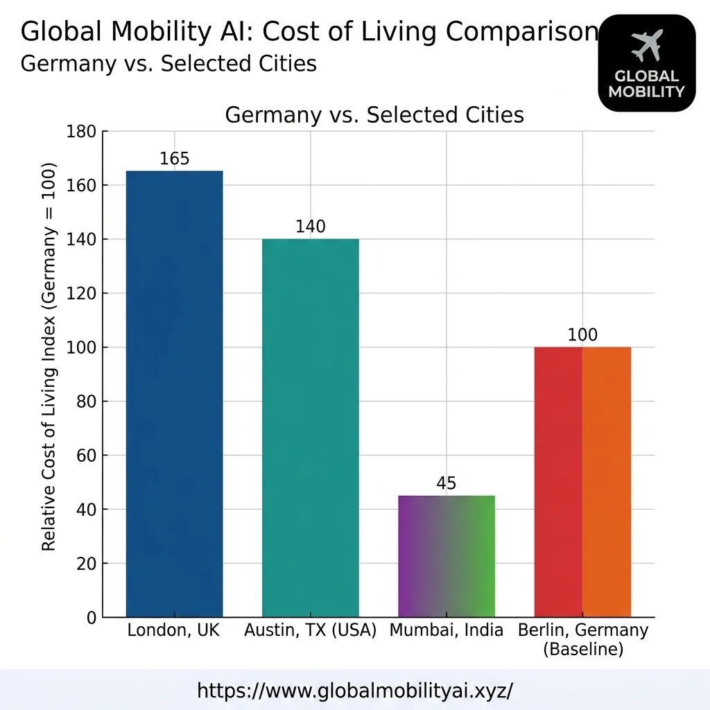 Bar chart comparing German cost of living against London, Mumbai, and Austin Texas
