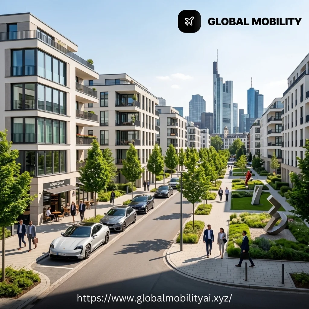 Street view of a vibrant, modern residential neighborhood in Frankfurt tailored for finance expats