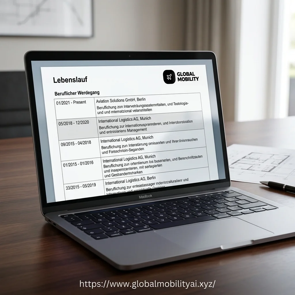 Clinical, tabular German Lebenslauf (resume) being reviewed on a laptop highlighting strict chronological formatting