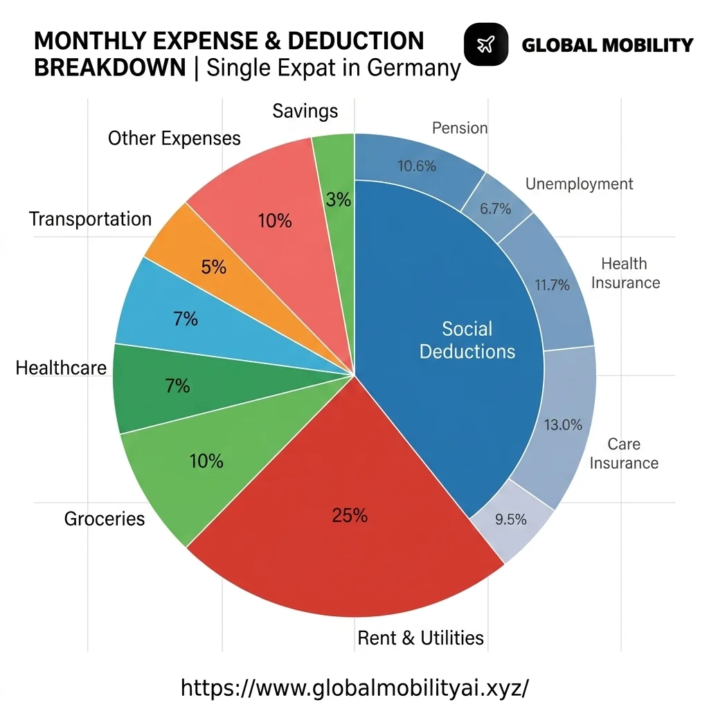 Pie chart breaking down average monthly living expenses and heavy social deductions for a single expat in Germany