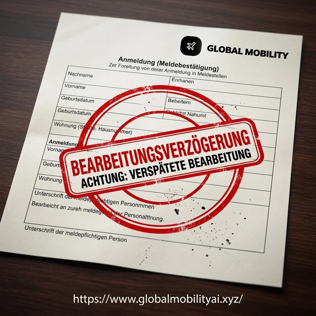 Conceptual image of a German Anmeldung registration form stamped with a red delay warning sign