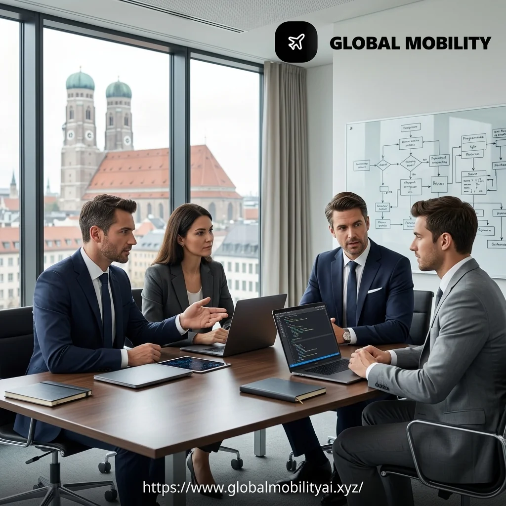 Highly formal professionals conducting a technical interview in a clinical Munich corporate office