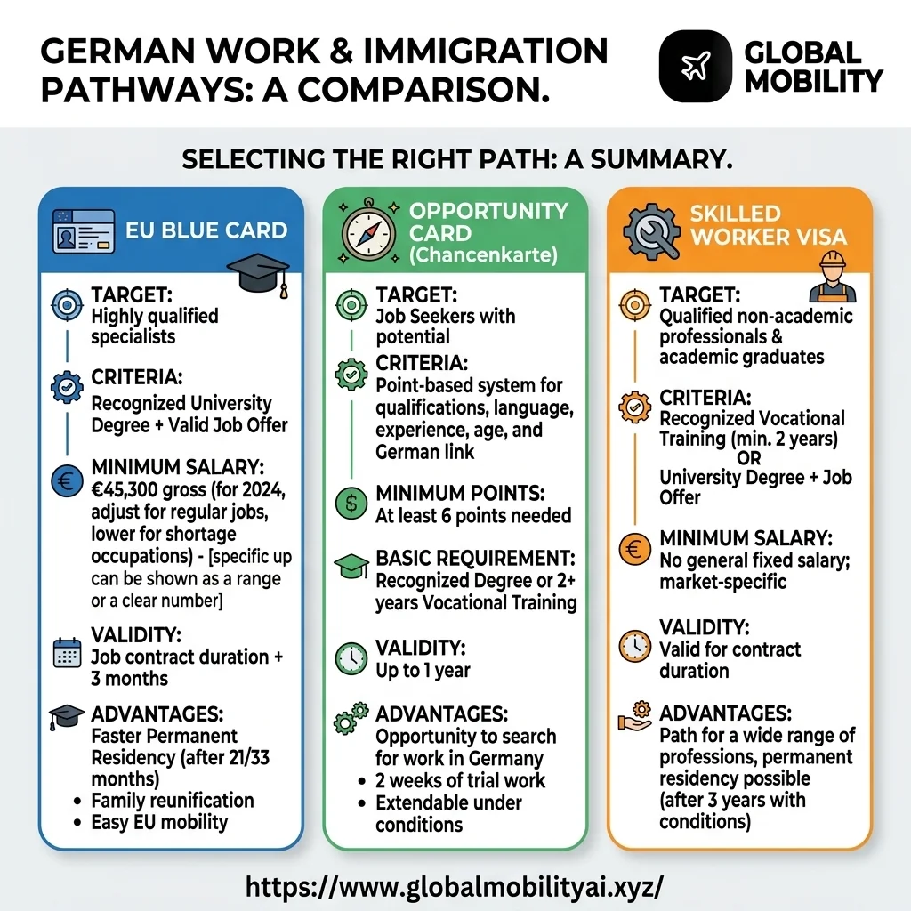 Infographic comparing the German EU Blue Card, Opportunity Card, and Skilled Worker Visa