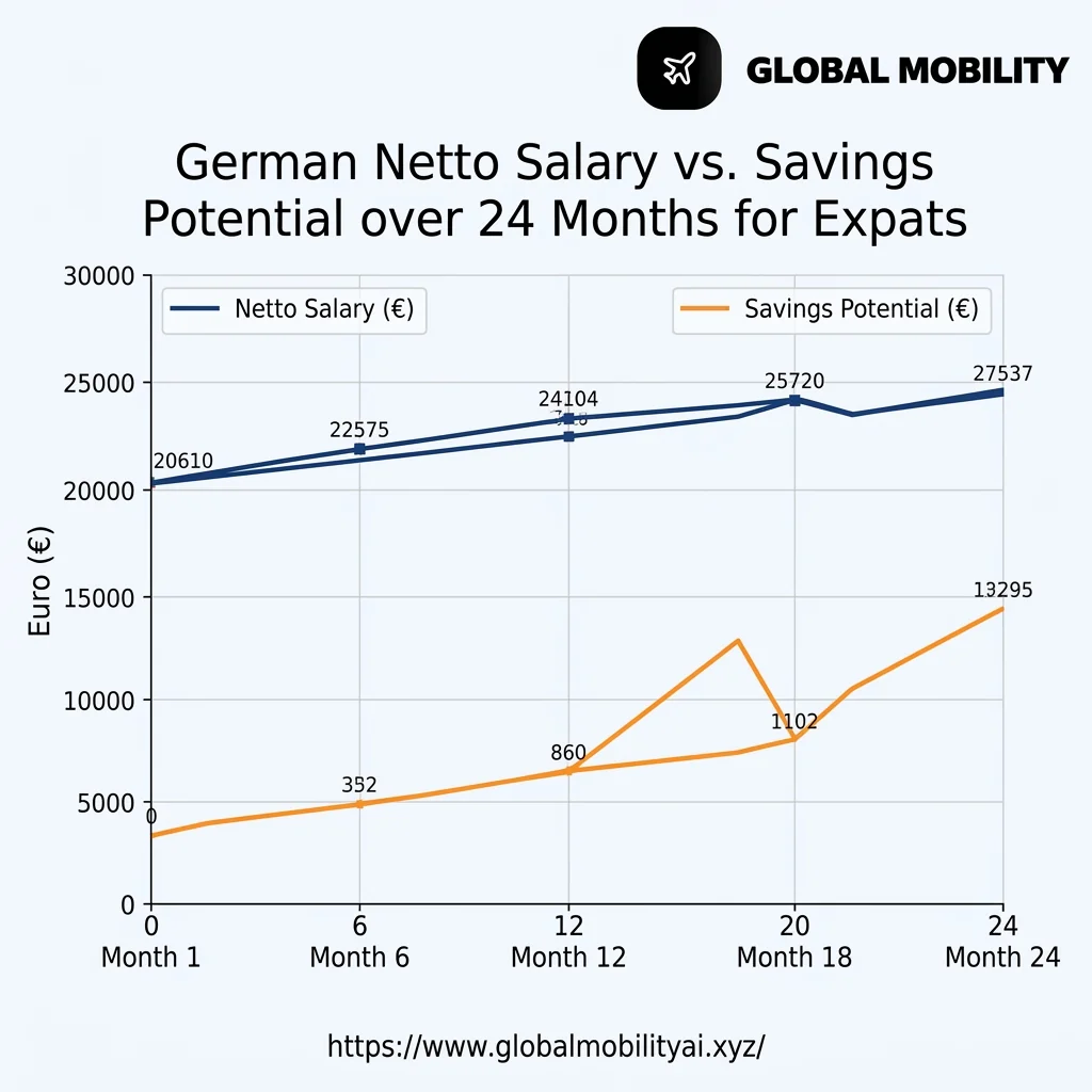 Line chart showing German Netto salary versus savings potential over 24 months for expats