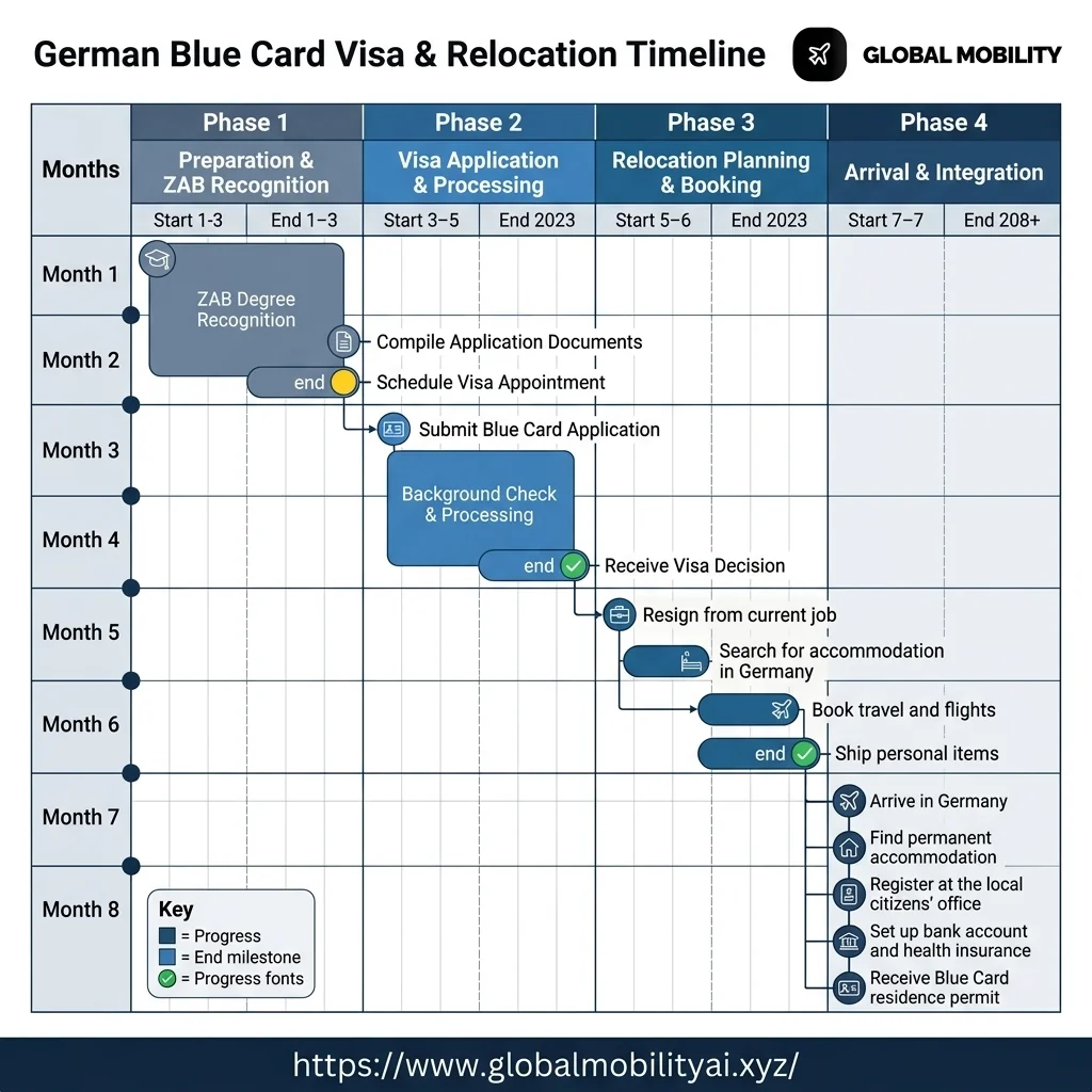 Gantt chart displaying the 4-phase German Blue Card visa, ZAB recognition, and relocation timeline