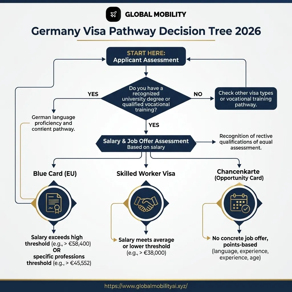 IMG-03: Germany Visa Pathway Decision Flowchart — Blue Card vs Chancenkarte 2026