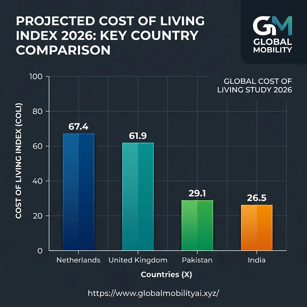 CHART-1: Cost of Living Comparison Bar Chart - Netherlands vs Pakistan, India, UK