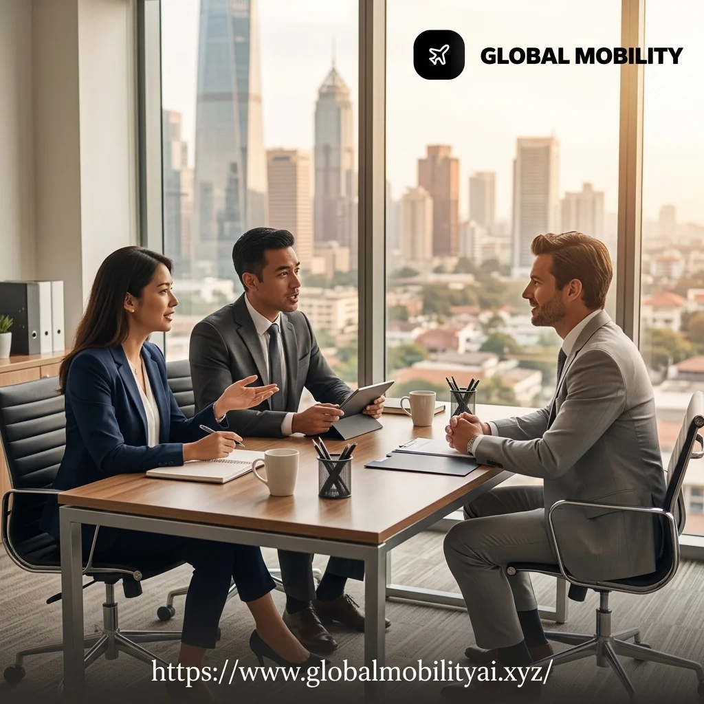 Corporate interview scene highlighting cultural expectations for scored visa sponsorship assessments.