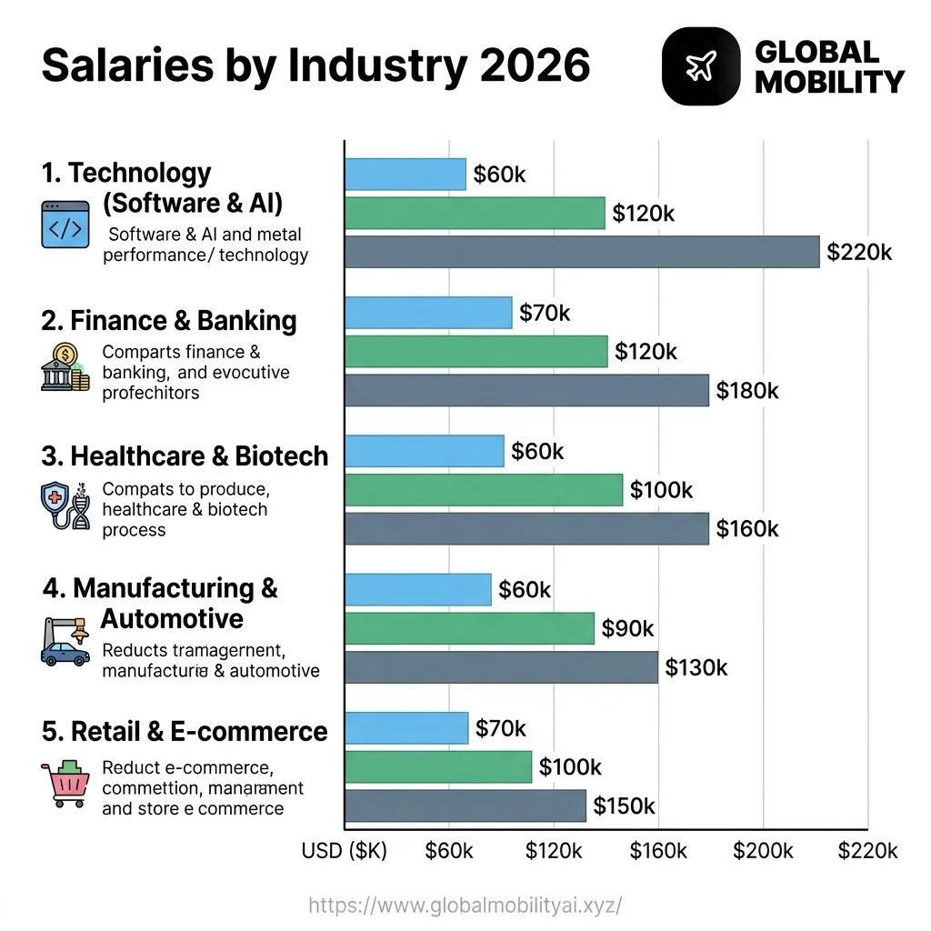 Industry salaries chart comparing software development, healthcare, and finance sectors in 2026.