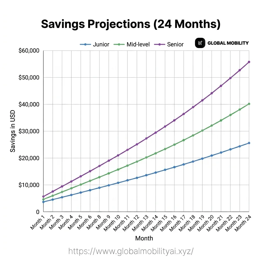 Salary versus monthly savings line chart demonstrating the financial impact of relocating to a high-income country.