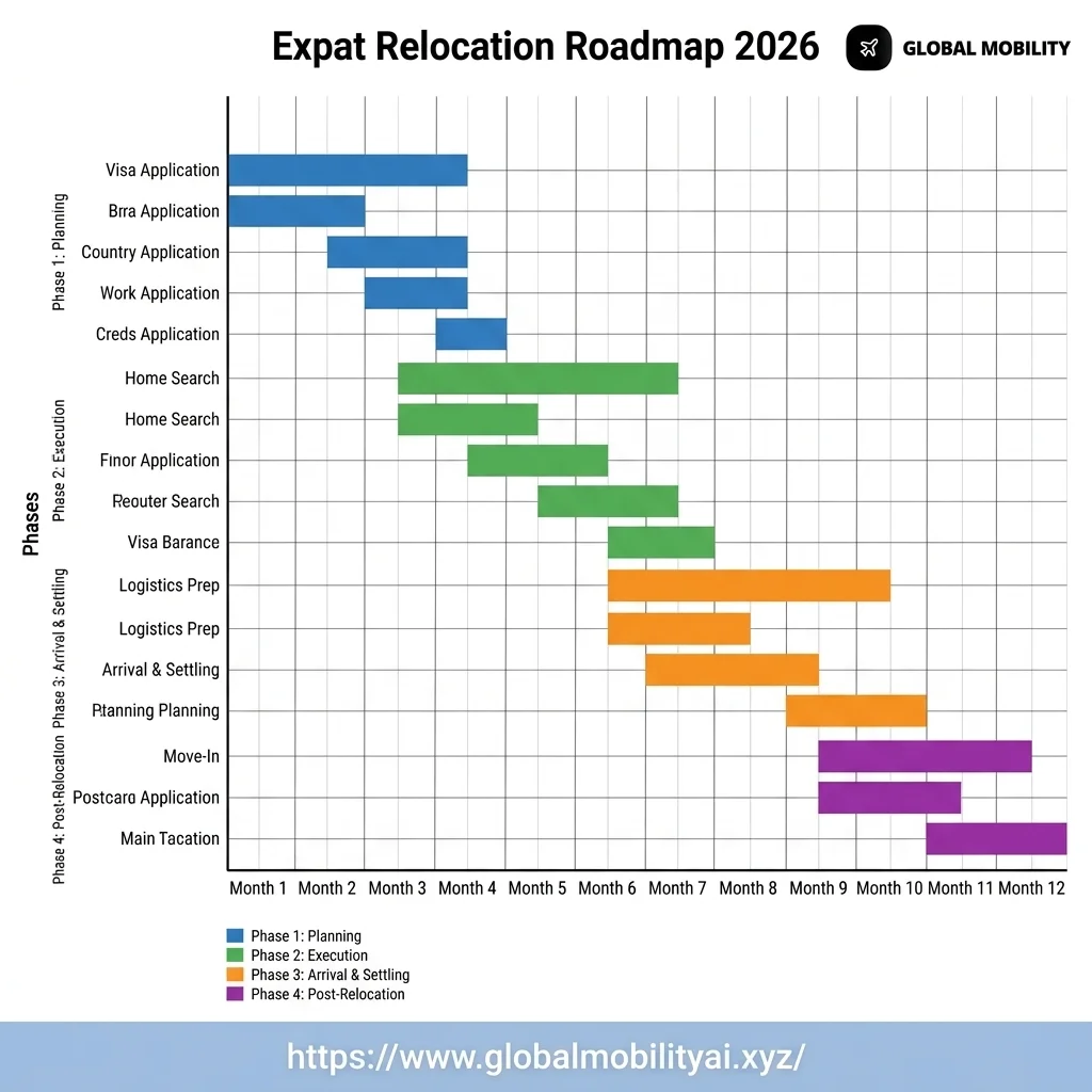 Visa processing timeline Gantt chart outlining the standard 4 to 12 month completion phases.