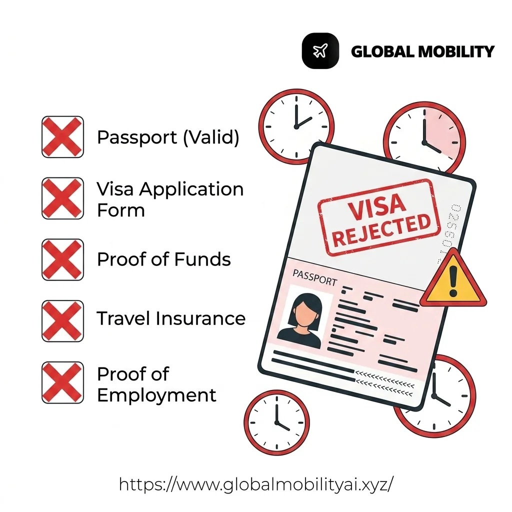 Common visa rejection risks and pitfalls showing a denied application stamp due to checklist errors.