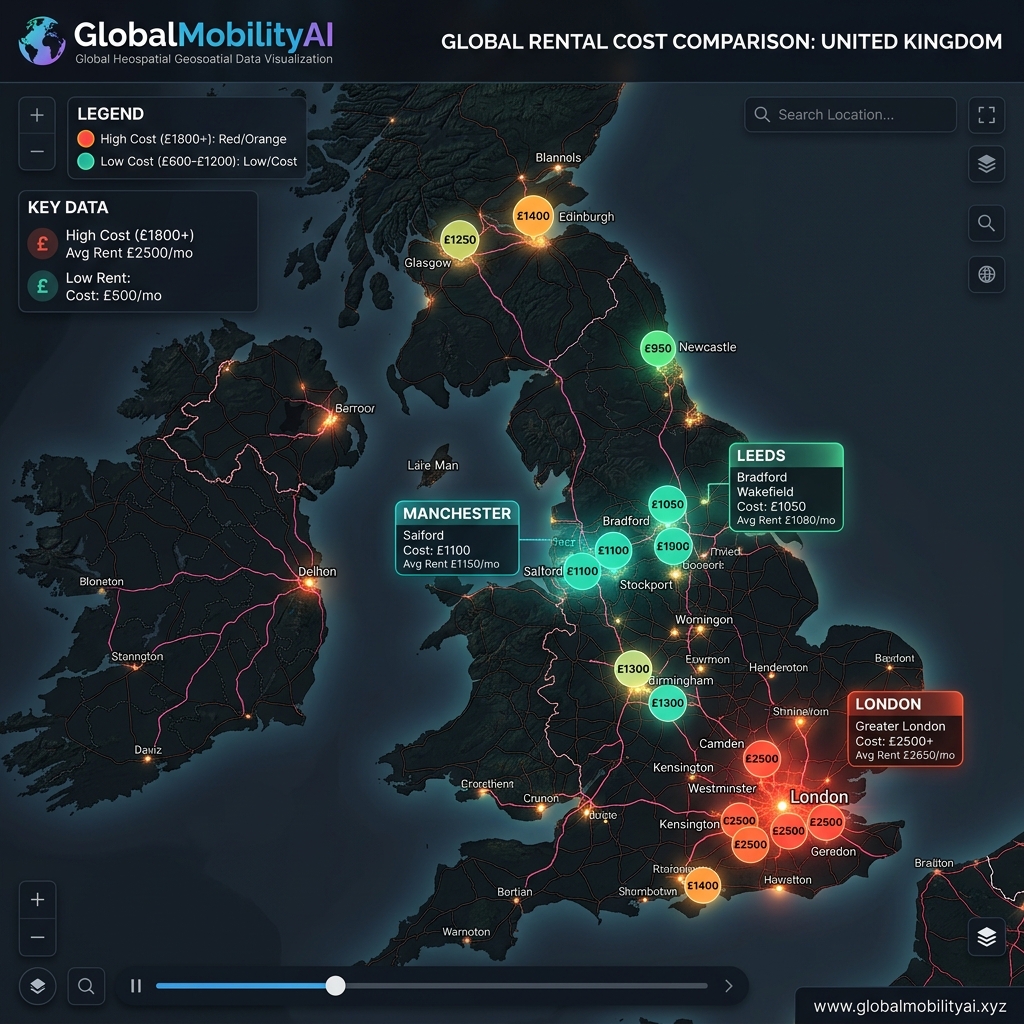 IMG-05: UK City Rent Comparison Map 2026 — London vs The North