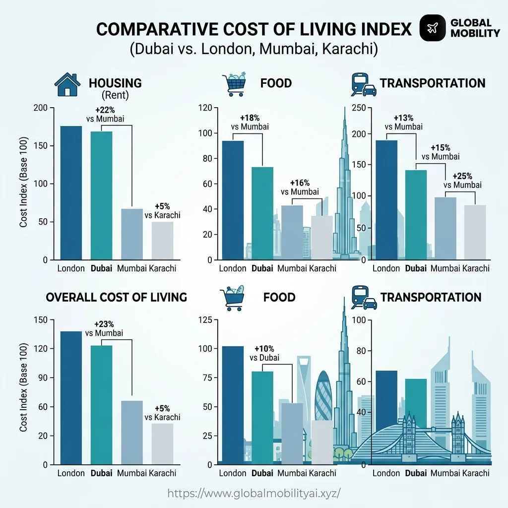 Bar chart comparing US cost of living against London, Mumbai, and Karachi