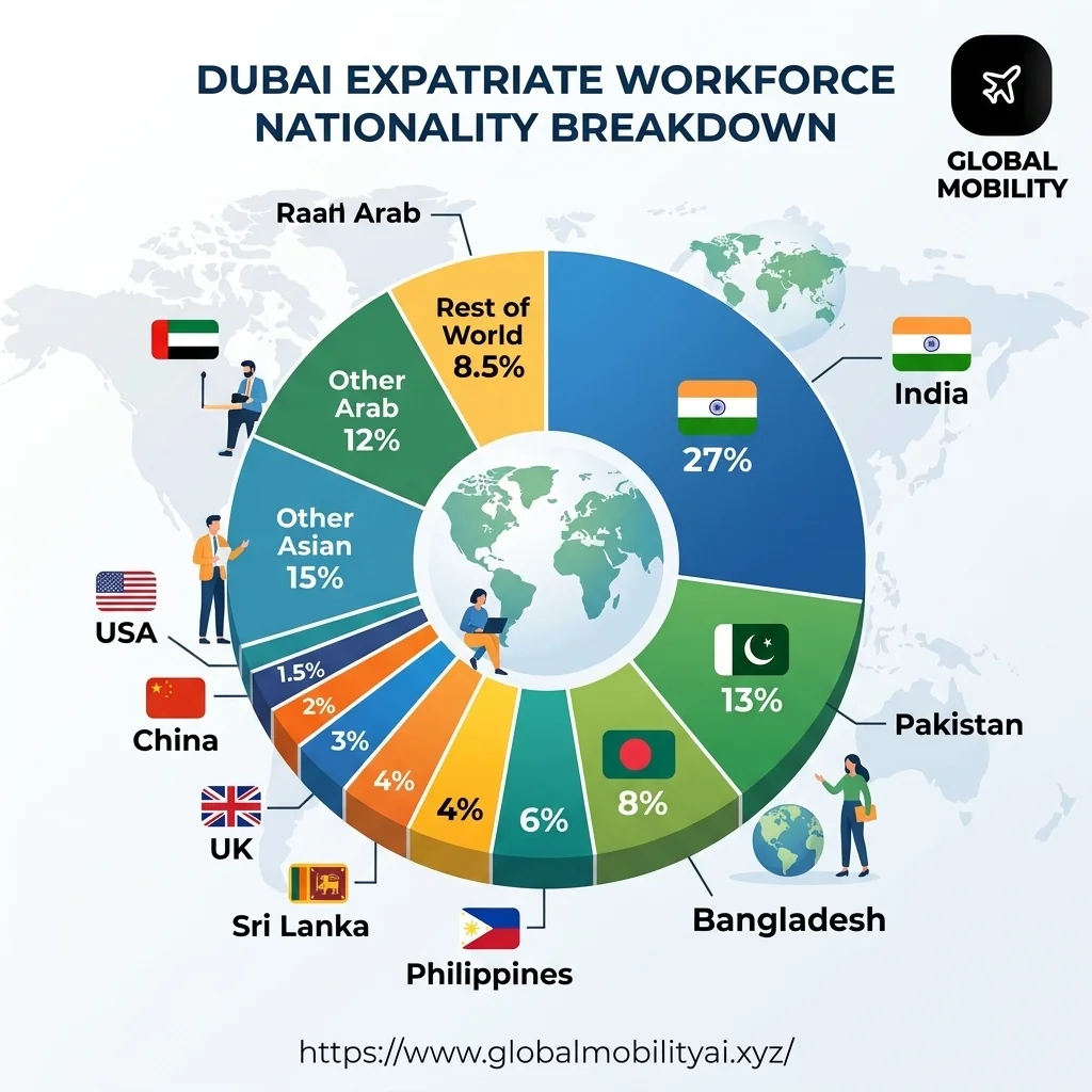 Pie chart showing the diverse nationality breakdown of the US expatriate tech workforce