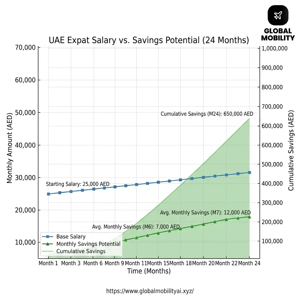 Line chart showing salary versus savings potential over 24 months for US expats