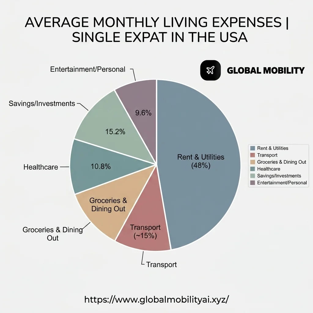 Pie chart breaking down average monthly living expenses for a single expat in the USA