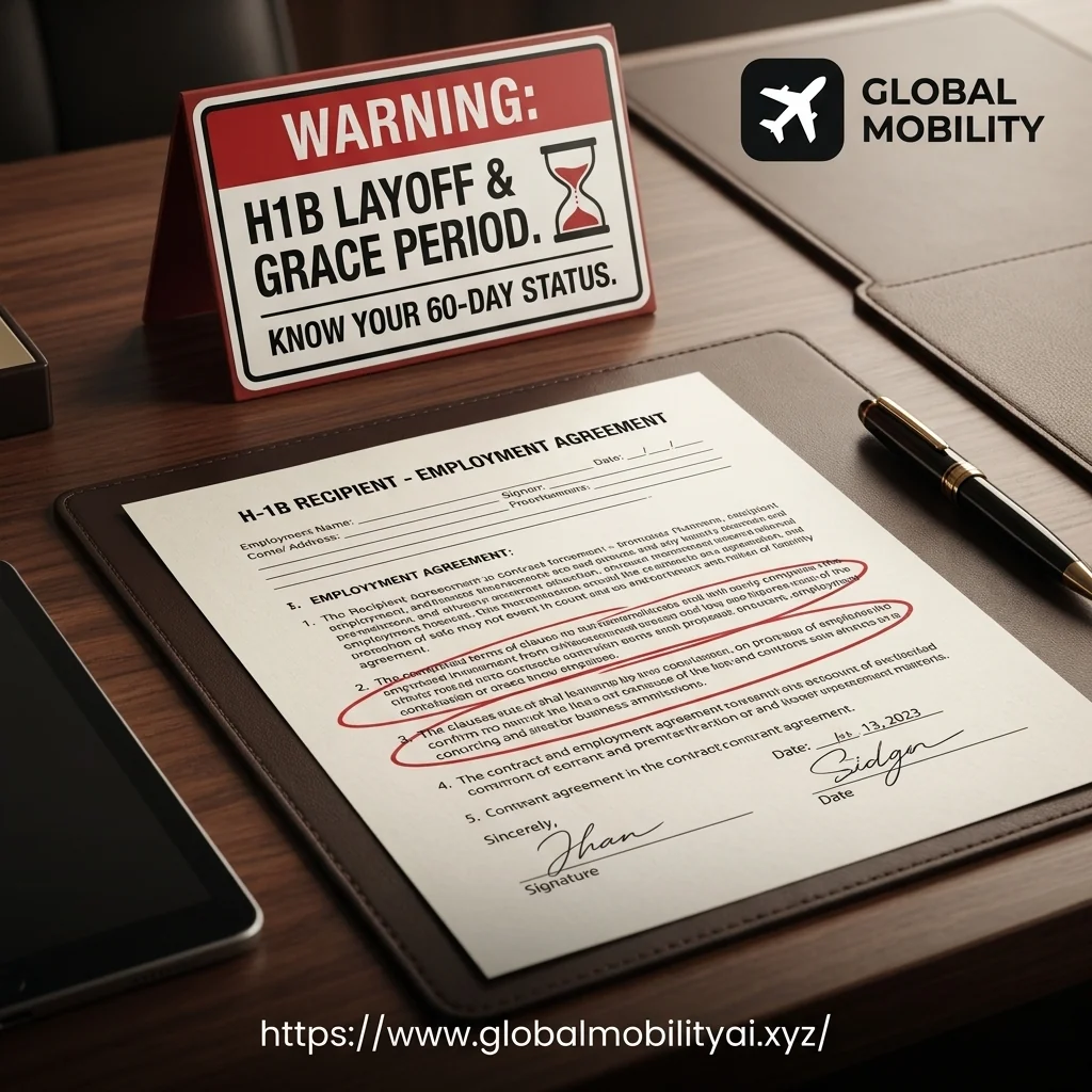 Conceptual image of a signed contract with a warning sign about H1B layoffs and grace periods