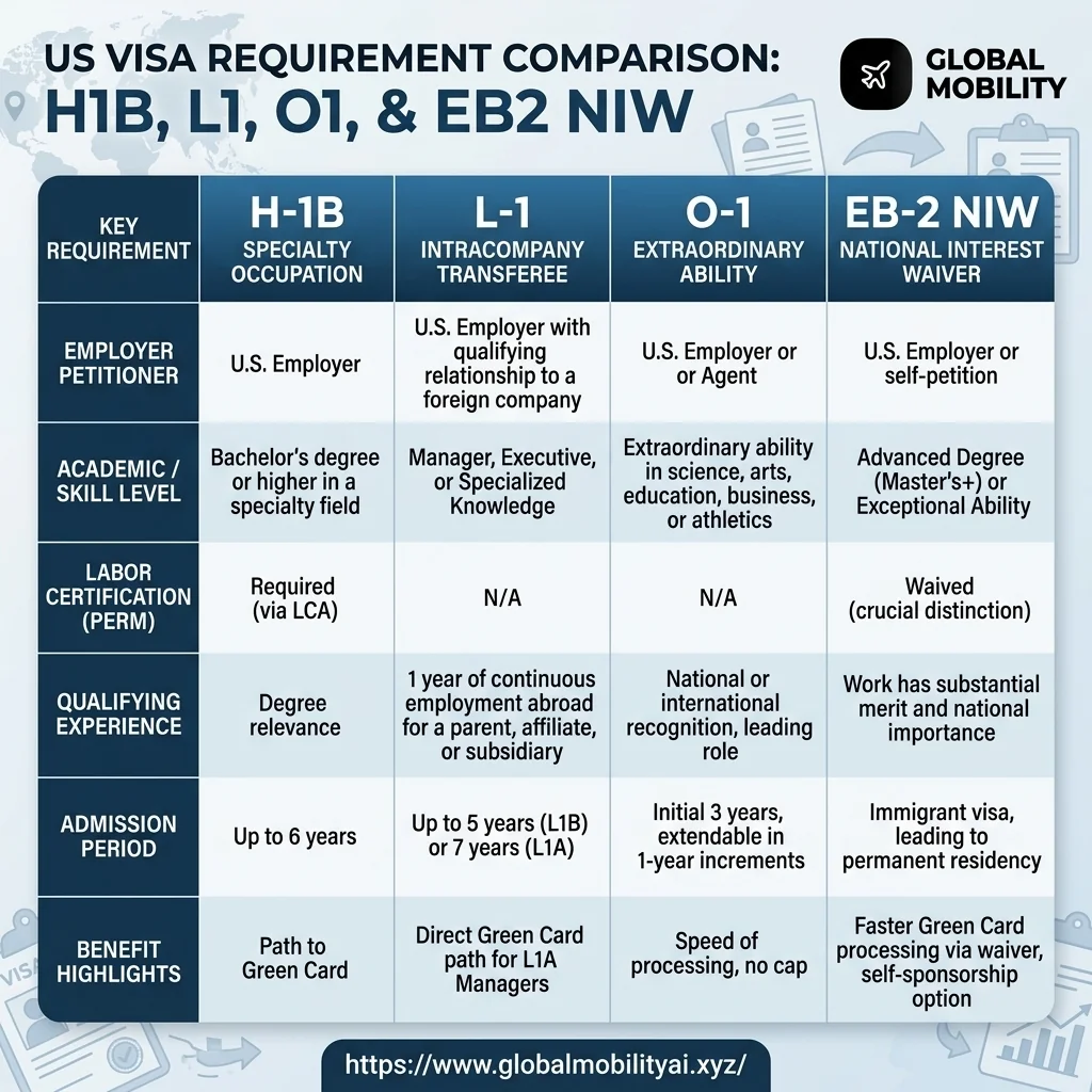 Infographic comparing US H1B, L1, O1, and EB2 NIW visa requirements