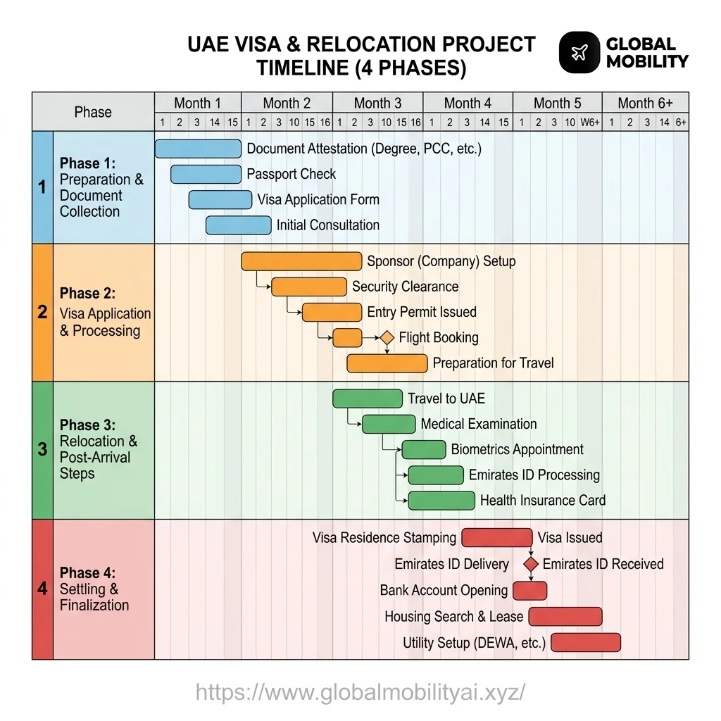Gantt chart displaying the 4-phase US H1B visa and relocation timeline